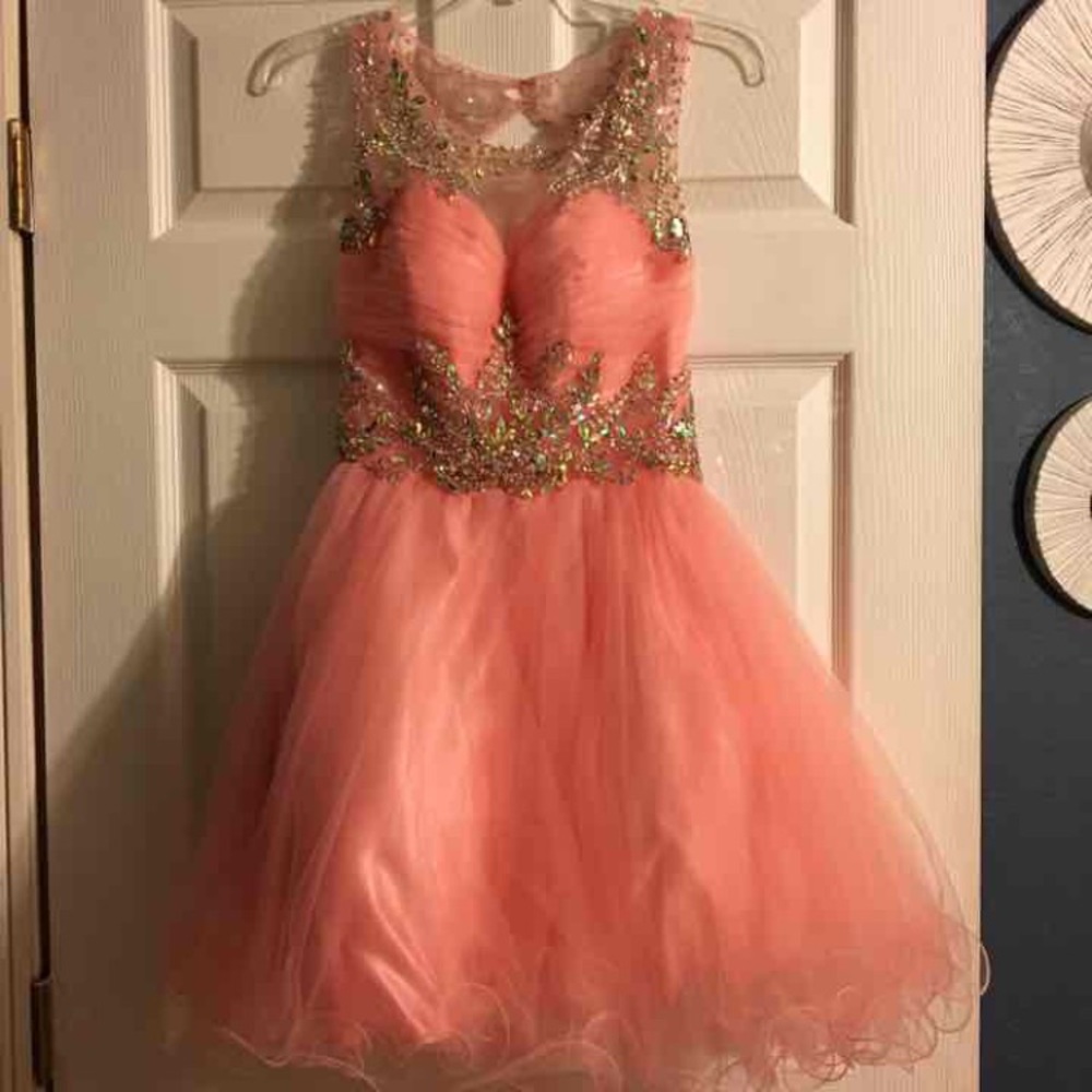 Coral pink, bedazzled prom dress