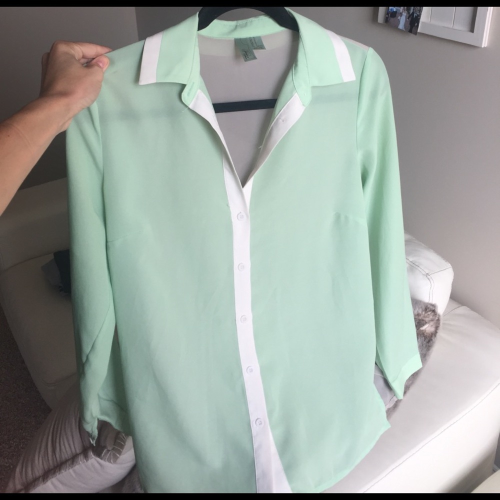 Mint green button up color blocking shirt blouse
