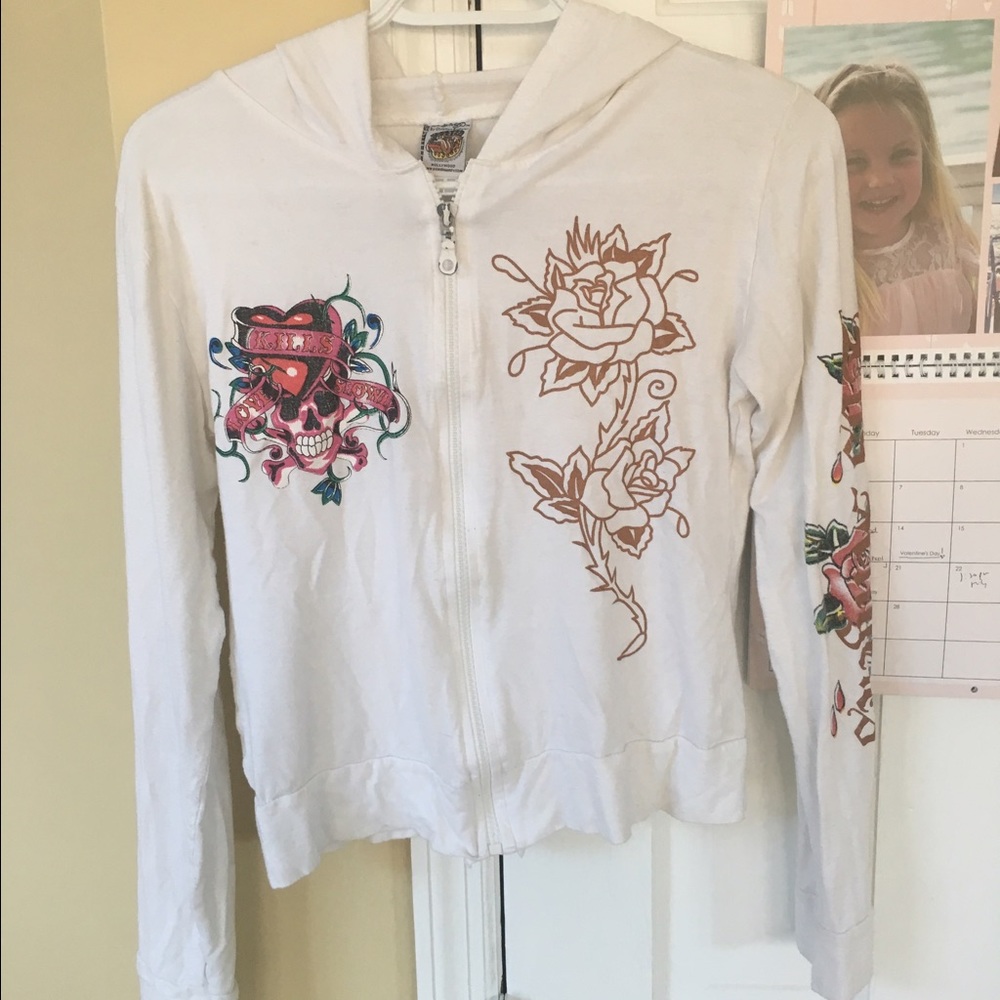White ed hardy zip up light sweatshirt