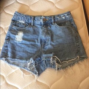 High waisted light washed denim shorts