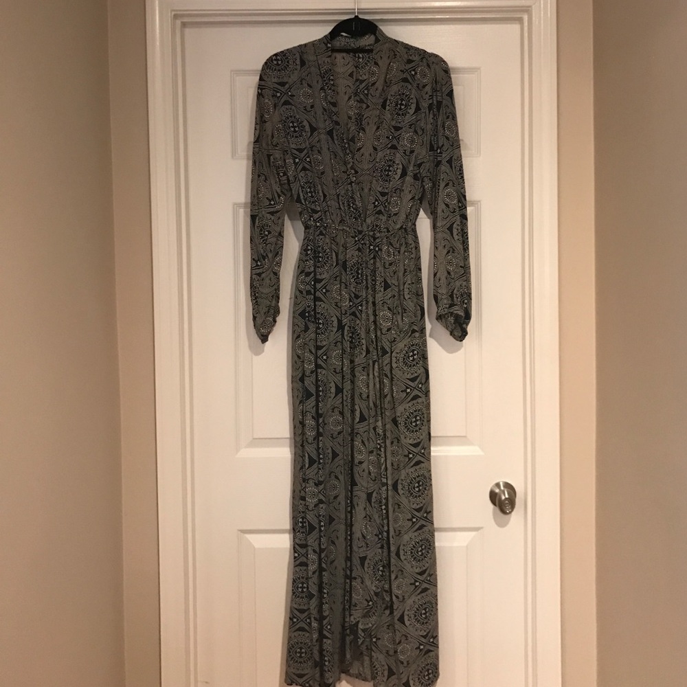 Navy and cream print wrap maxi dress from Anthro