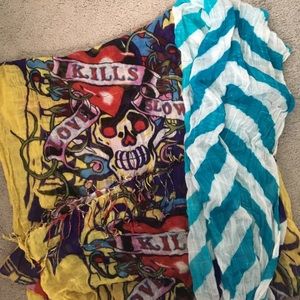 One ed hardy and one striped scarf