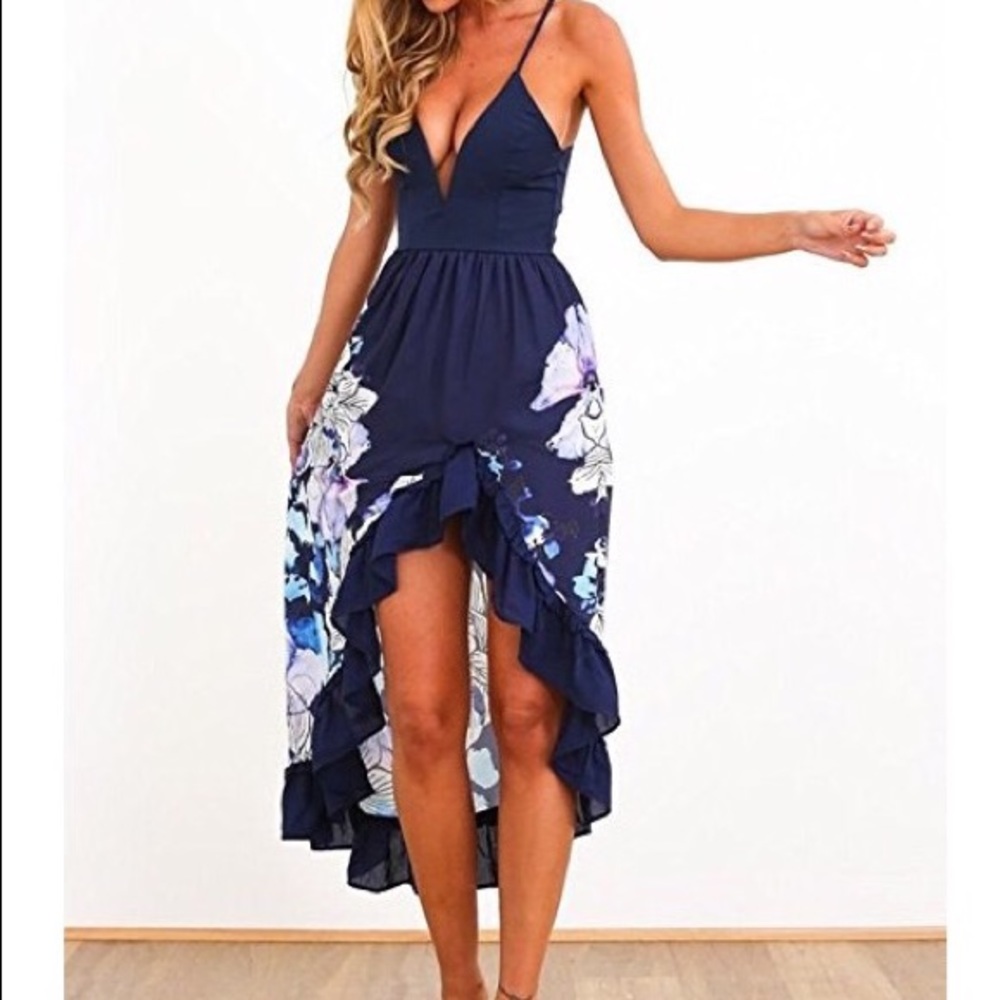 Blue floral high low spaghetti strap dress