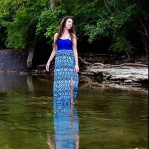 Blue spaghetti strap maxi dress. 2 slits.