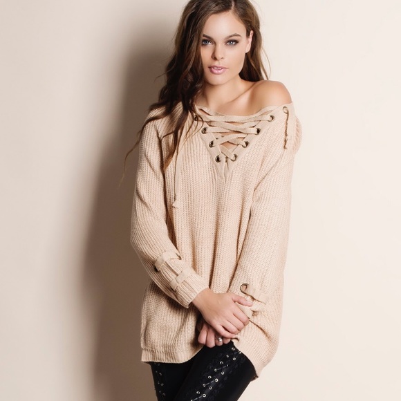1DAYSALE Lace Up Oversized Long Sweater - Picture 3 of 6