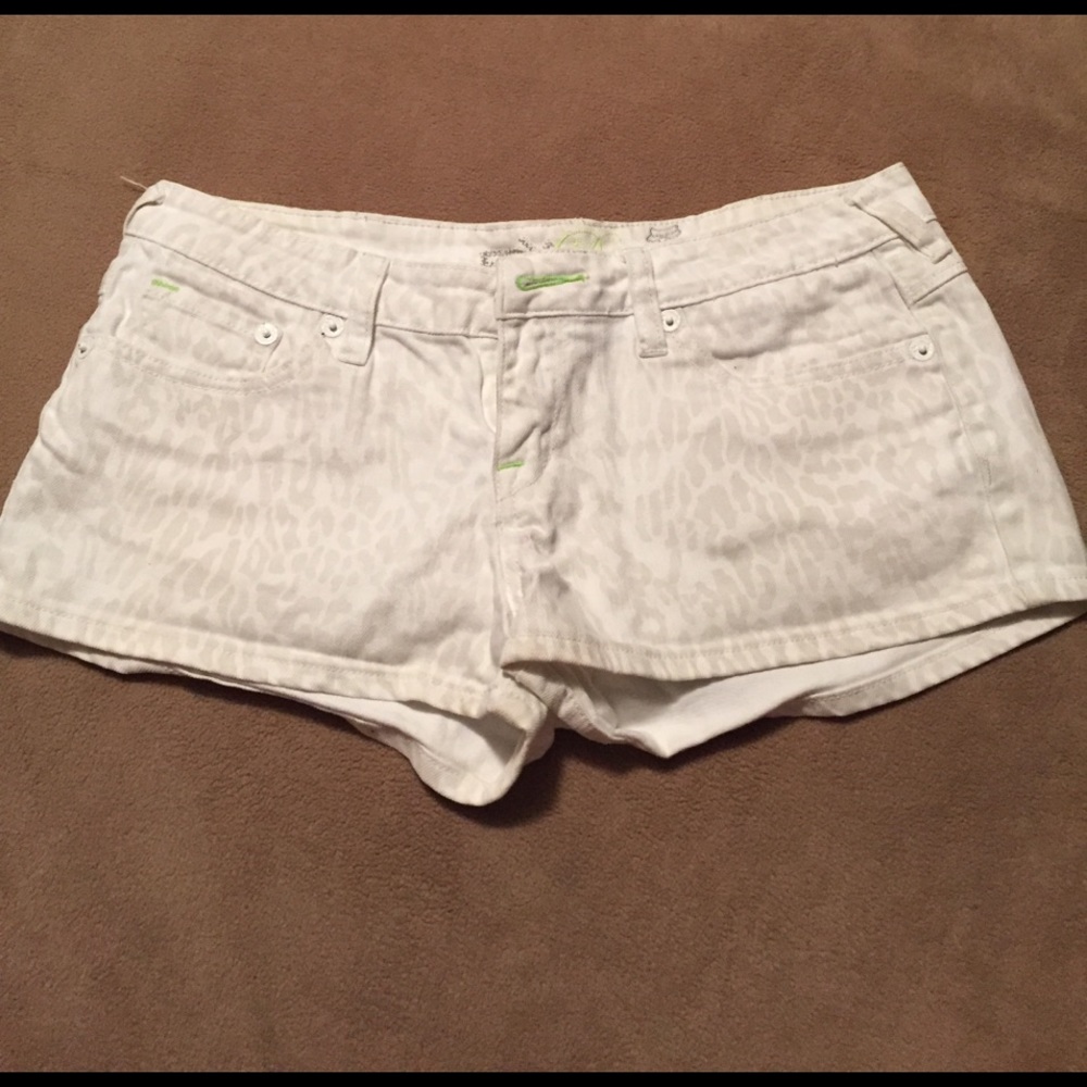 Fox denim shorts. White w off white leopard print.