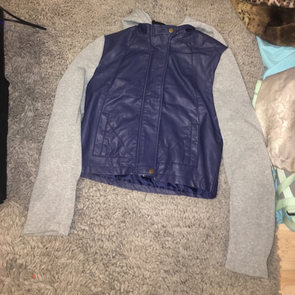 Navy blue faux leather motto jacket- grey sleeves