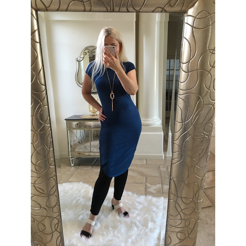 Blue teal long top dress tunic stretch + necklace - Picture 4 of 8