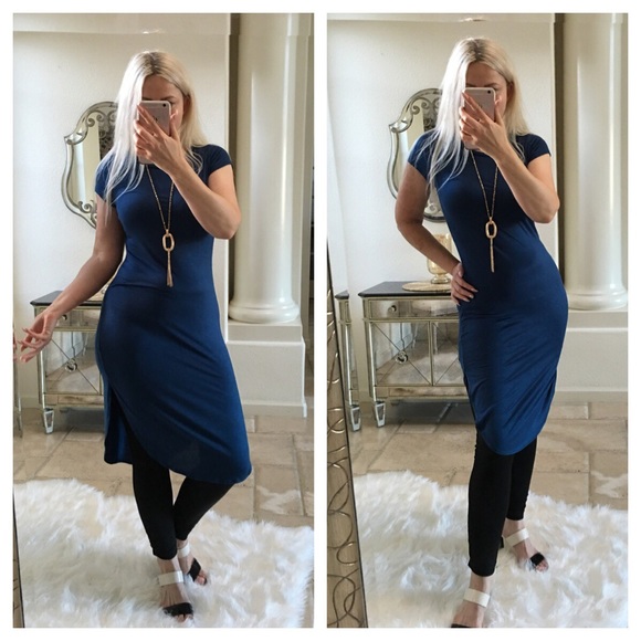 Blue teal long top dress tunic stretch + necklace - Picture 2 of 8