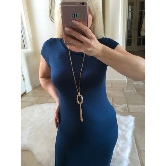 Blue teal long top dress tunic stretch + necklace - Picture 6 of 8