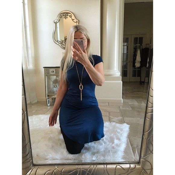 Blue teal long top dress tunic stretch + necklace - Picture 7 of 8