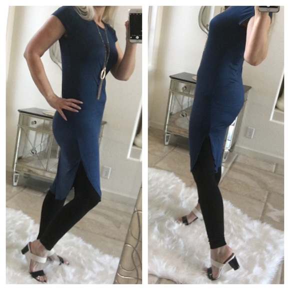 Blue teal long top dress tunic stretch + necklace - Picture 8 of 8