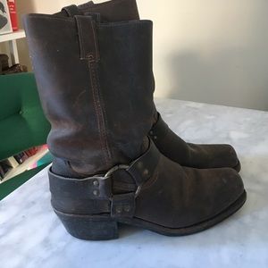 Frye Belted Harness Motorcycle Boots Brown Leather