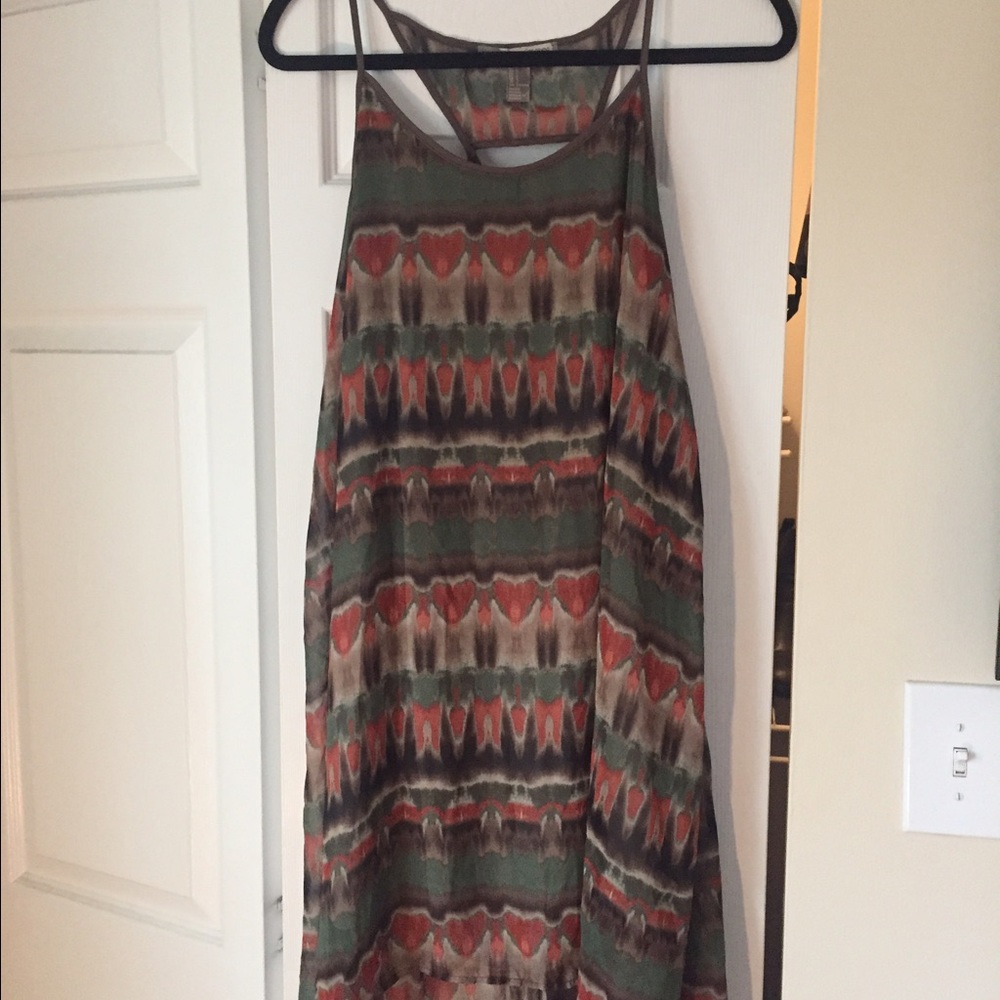 Green, brown and red cut out dress.