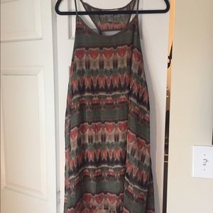 Green, brown and red cut out dress.