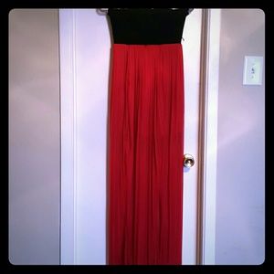 Red and black strapless party dress
