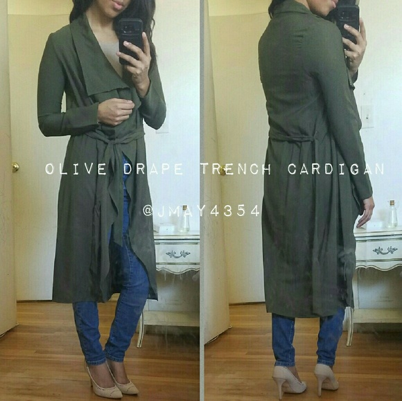 DARK OLIVE DRAPE TRENCH CARDIGAN - Picture 6 of 6