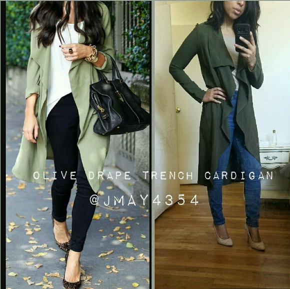 DARK OLIVE DRAPE TRENCH CARDIGAN - Picture 5 of 6