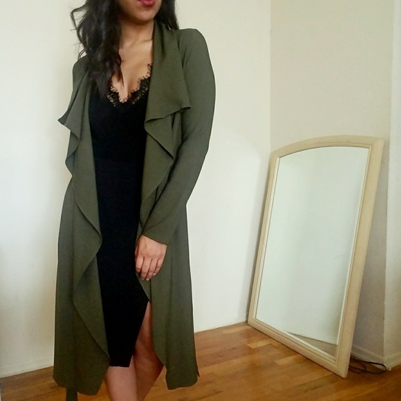 DARK OLIVE DRAPE TRENCH CARDIGAN - Picture 2 of 6