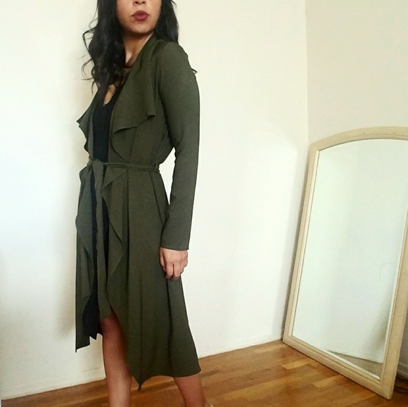DARK OLIVE DRAPE TRENCH CARDIGAN - Picture 3 of 6