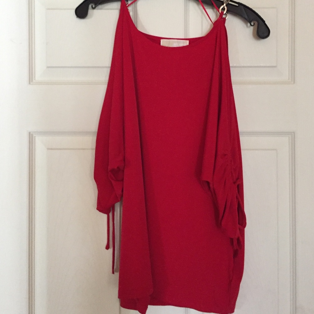 Red cold shoulder knit top