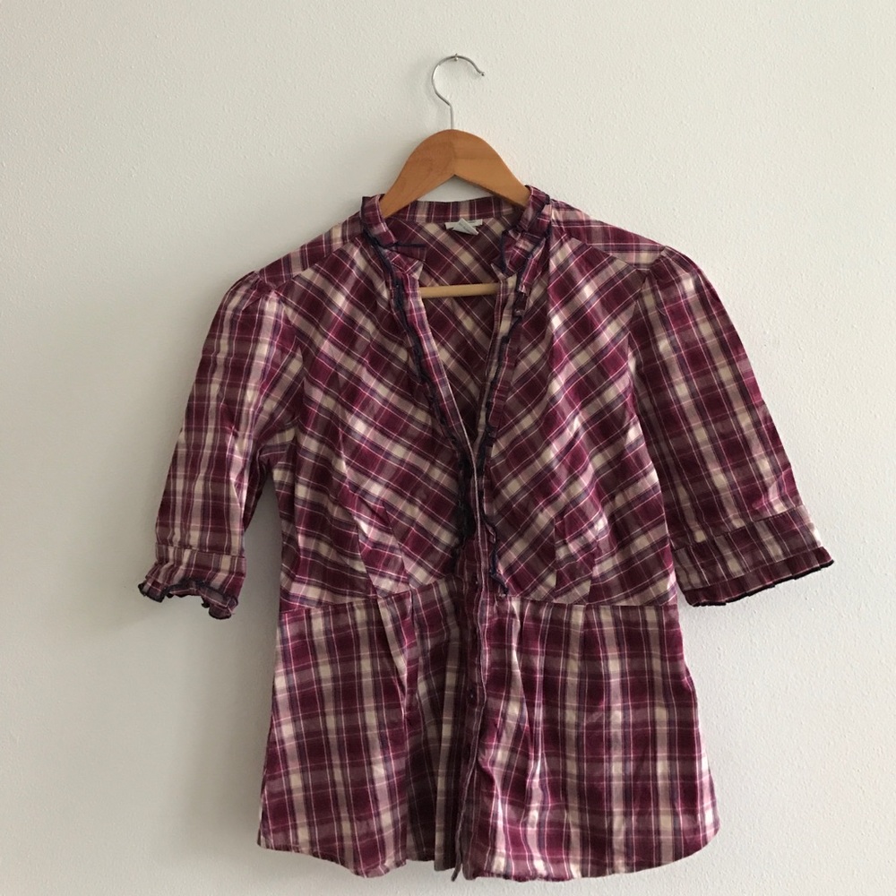 Magenta and cream plaid Anthropologie button-up