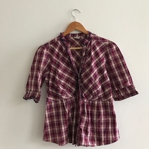 Magenta and cream plaid Anthropologie button-up