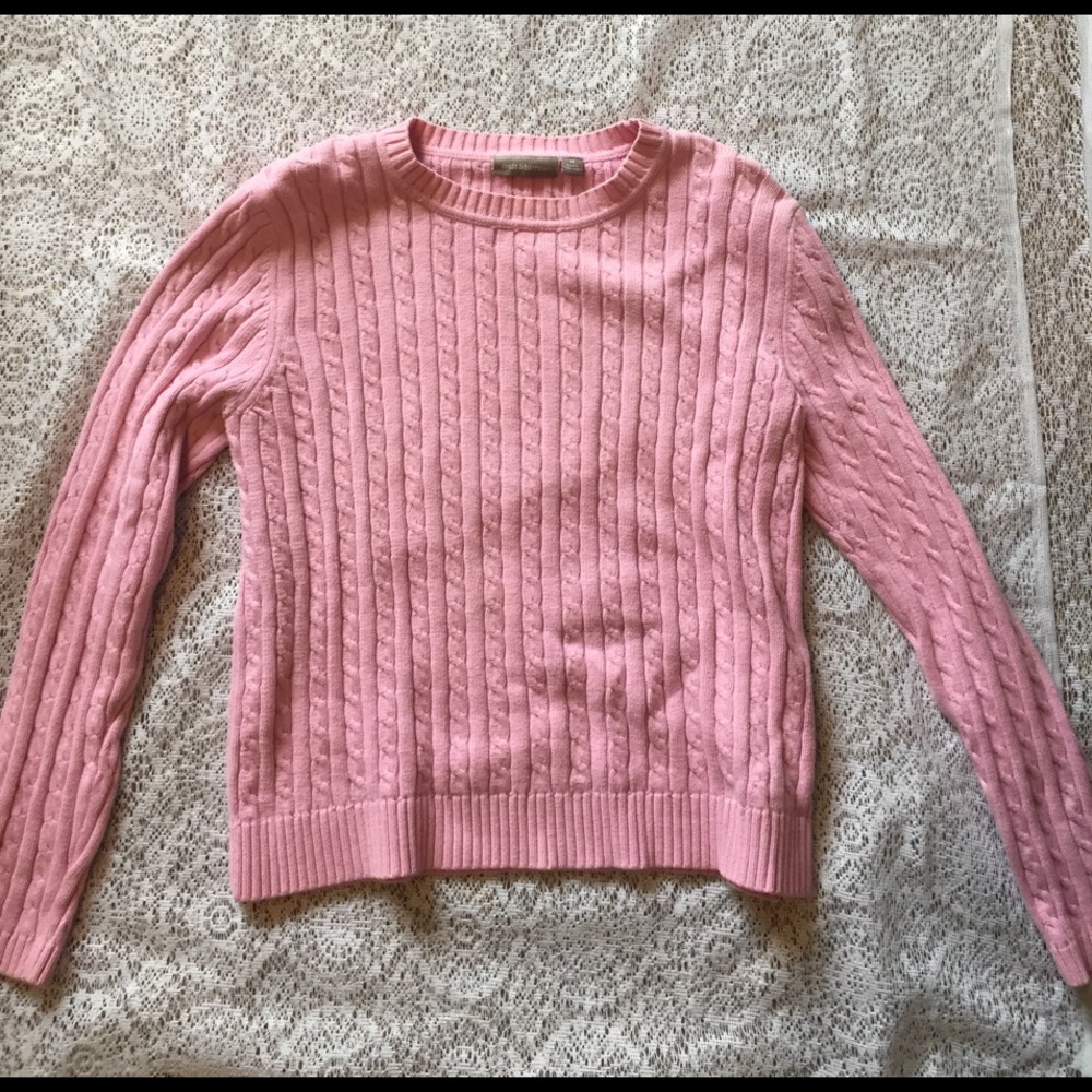 Pink Cotton Crew Neck Cable Knit Sweater