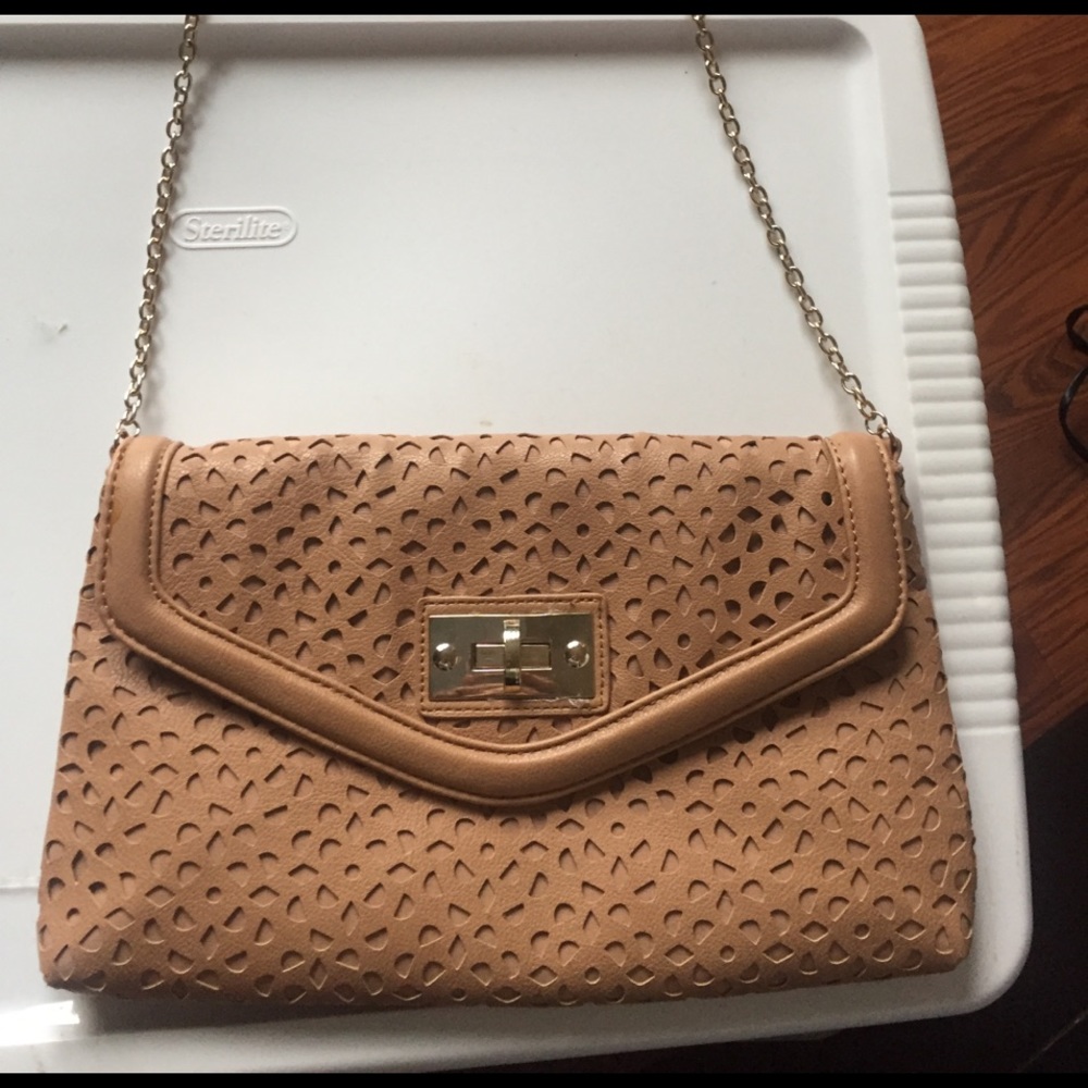 Tan gold chain shoulder bag