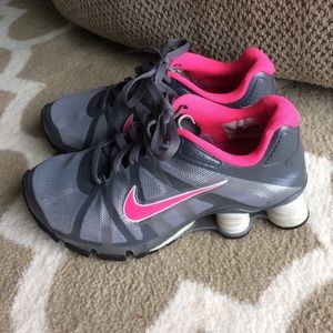 Nike gray and hot pink women's shox shoes