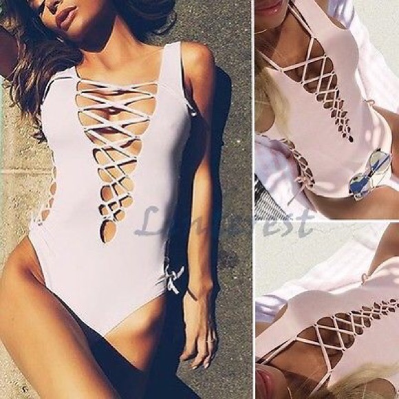 White lace up one piece swimsuit - Picture 2 of 2