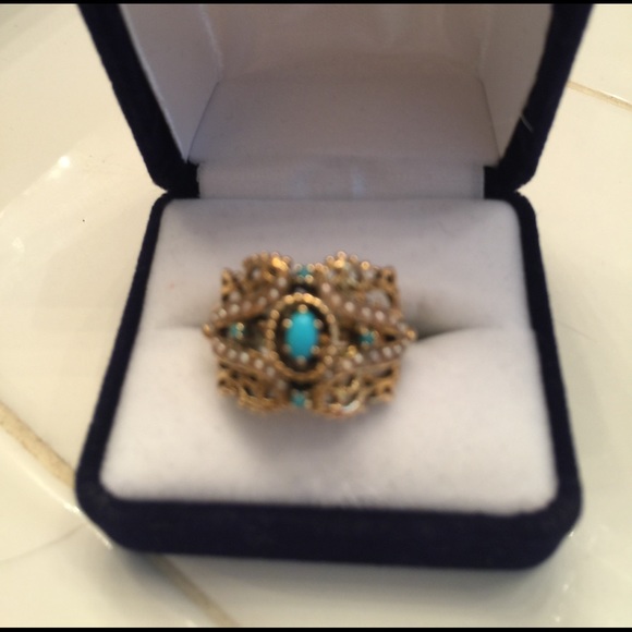 1920s 14k gold seed pearl turquoise ring SALE! - Picture 2 of 4