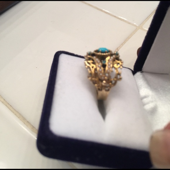1920s 14k gold seed pearl turquoise ring SALE! - Picture 3 of 4