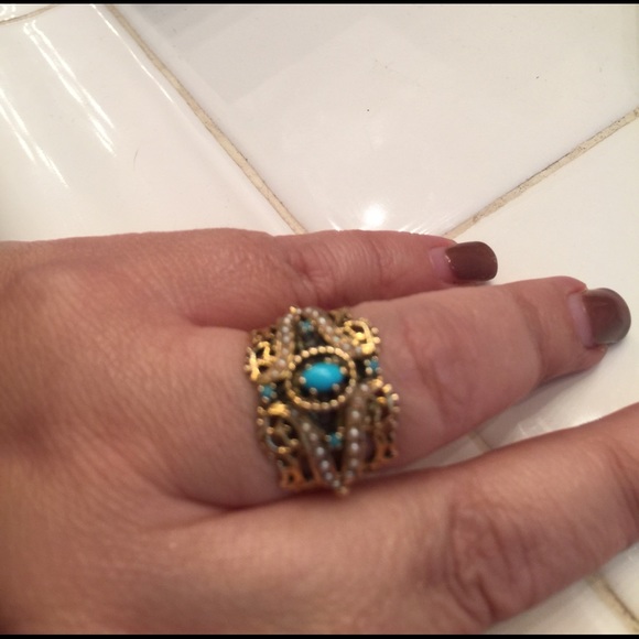 1920s 14k gold seed pearl turquoise ring SALE! - Picture 4 of 4