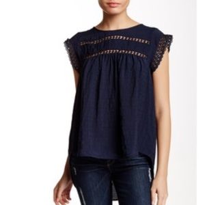 NWOT RO & DE Crochet Knit Trim Gauze Top, Navy