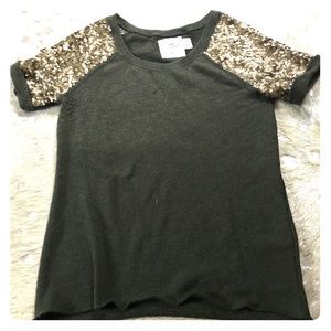 Olive Green and Gold Sequin Sleeved Knit T-Shirt