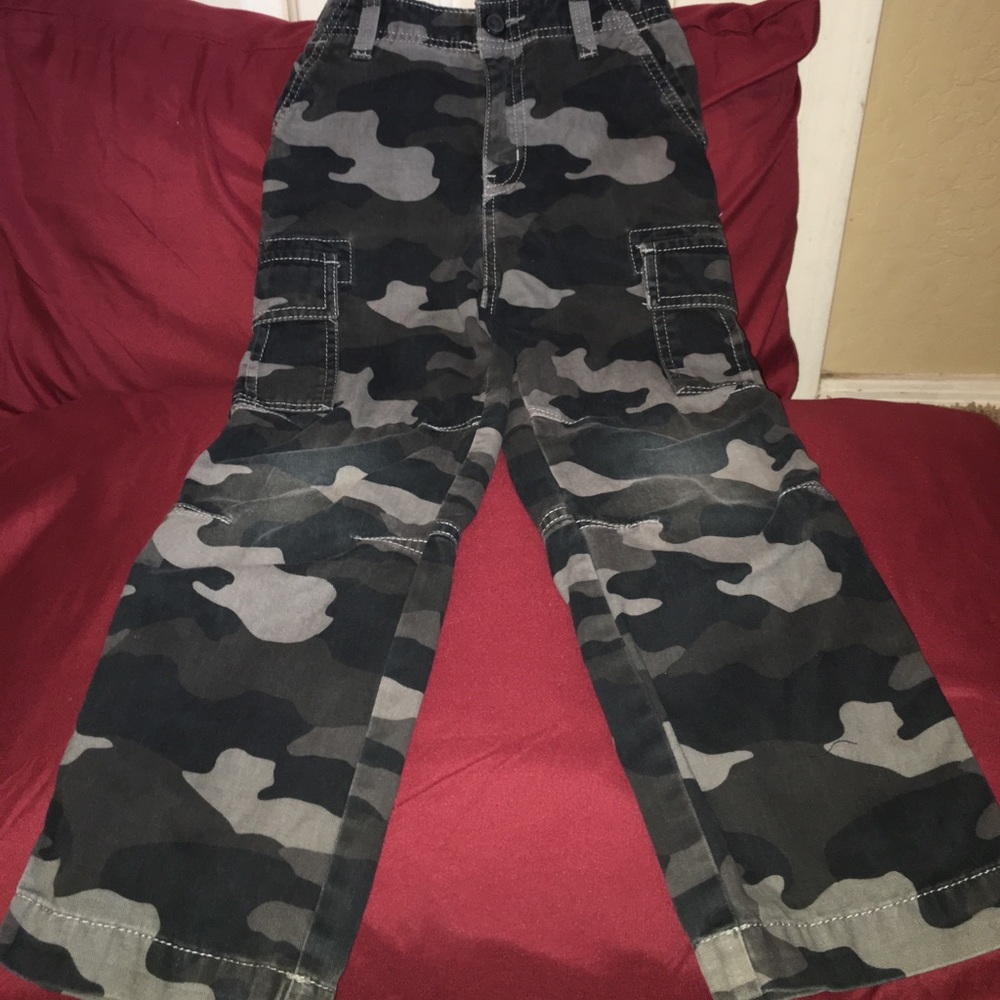 Black and gray camouflage cargo pants