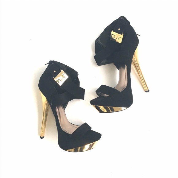 Charlotte Russe Shoes - Black/gold strappy buckle sky high heels