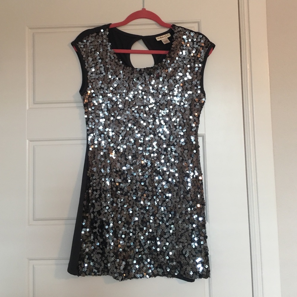 Steel Grey Sequin Mini Dress with Keyhole Back