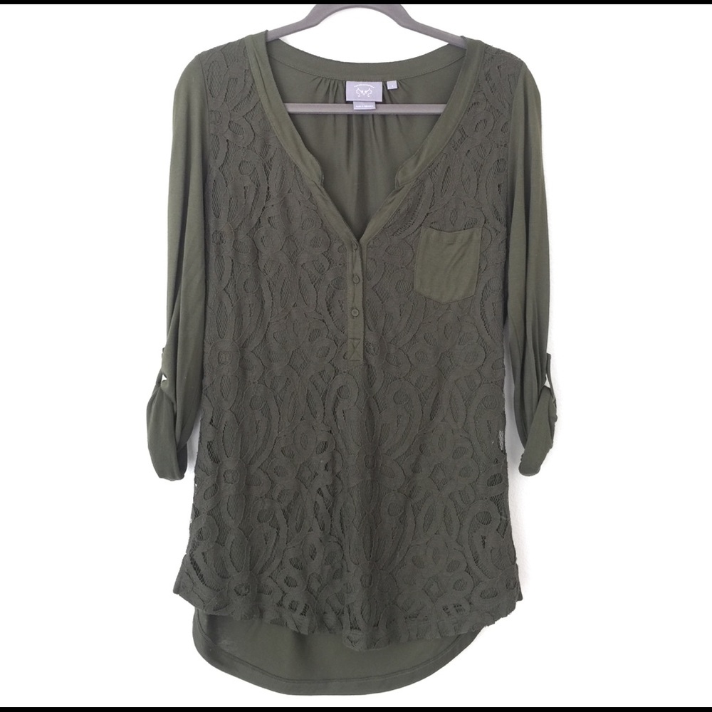Anthropologie Olive Green Lace Top