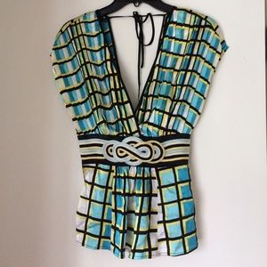 Bebe blue, yellow, black, and white top