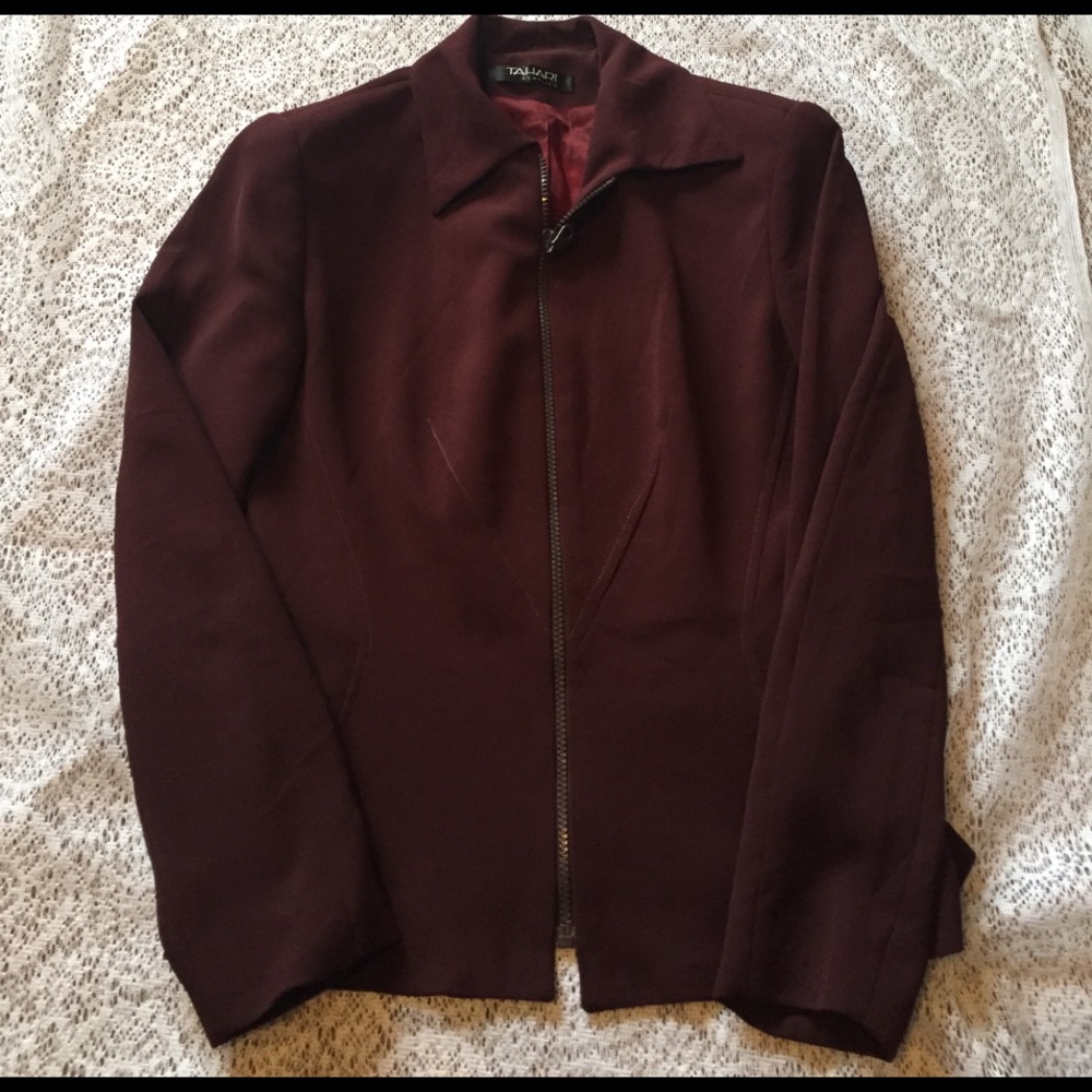 Burgundy Tahari Zip-Up Blazer, flattering seams