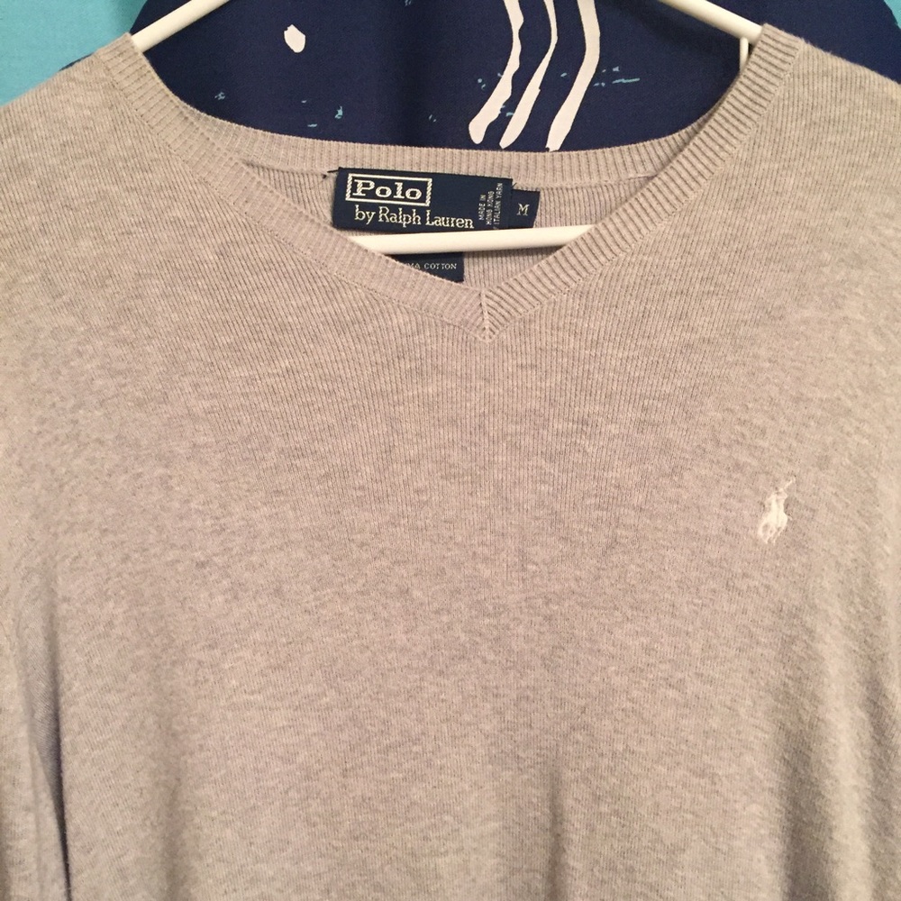 Men's grey Polo lightweight cotton vneck sweater