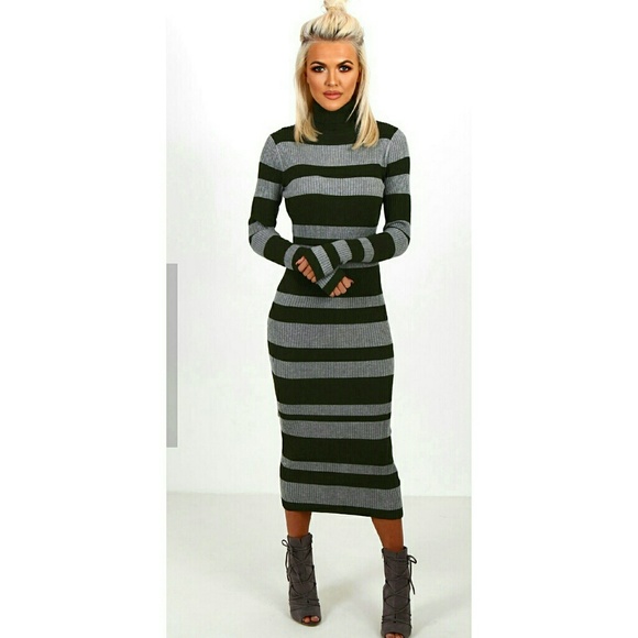 Qed London Dresses & Skirts - Navy & Gray Striped Midi Sweater Dress