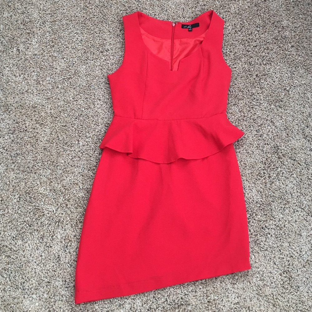 Red Asymmetrical Peplum Dress with Funnel Neckline