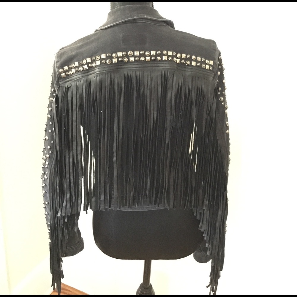 NWT Guess Black Studded Fringe Leather Jean Jacket