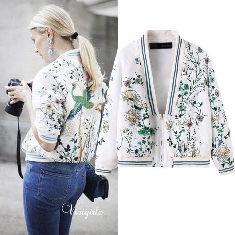 Floral print silky bomber