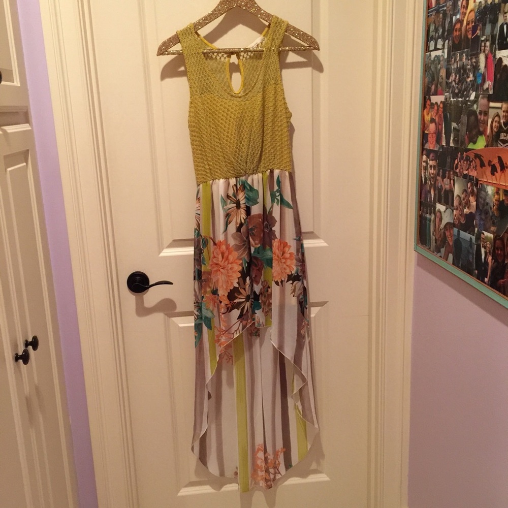 Yellow and flower high low dress.