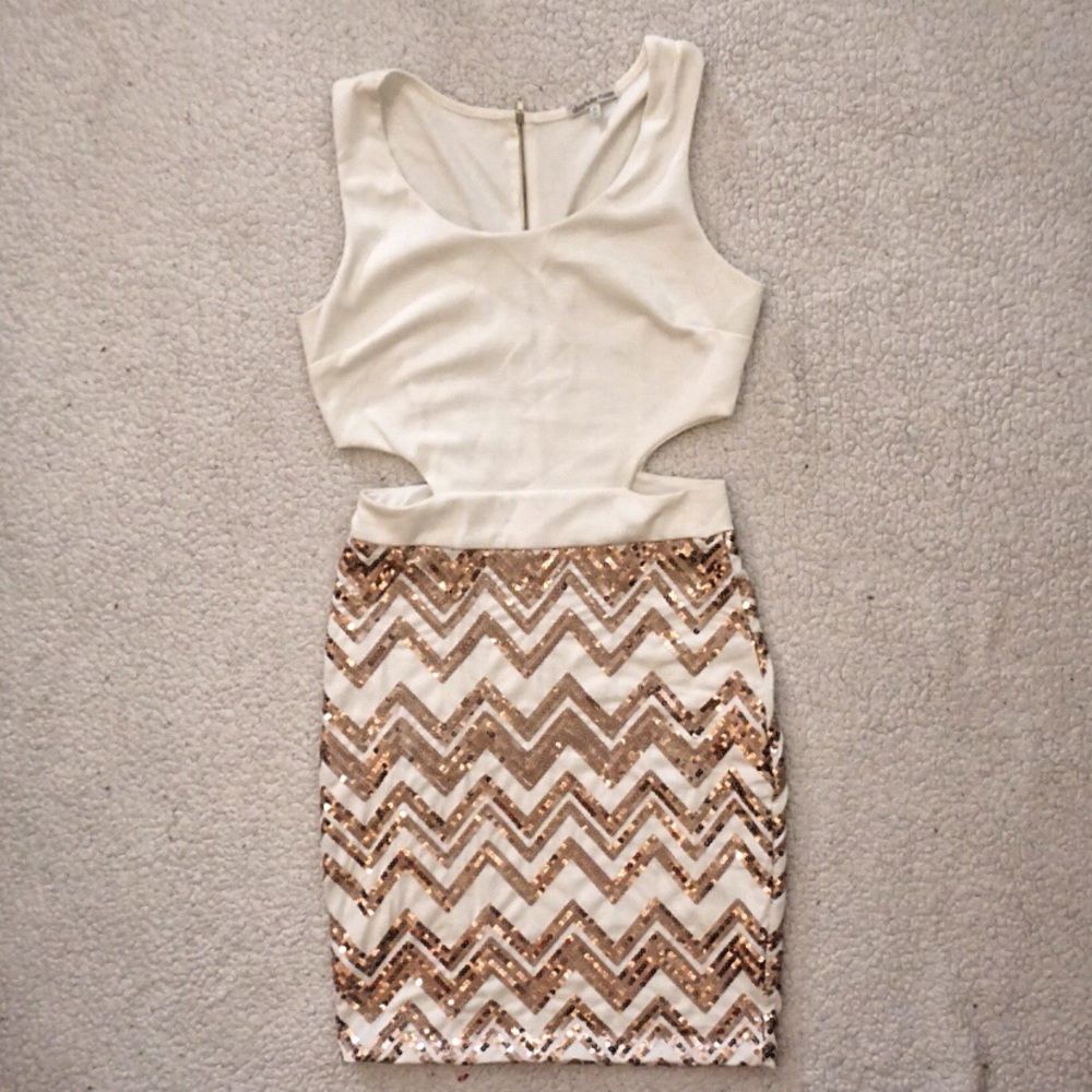 Open Sided Gold Sequin Chevron Striped Dress