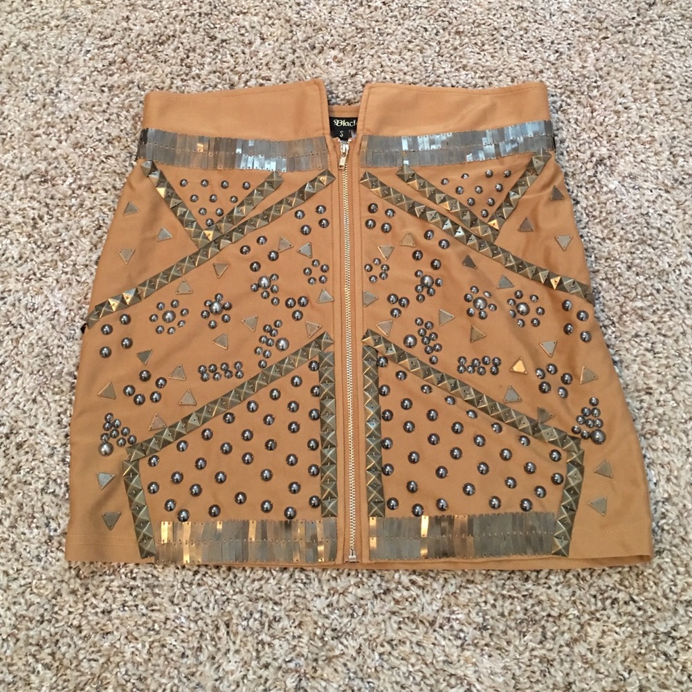 Black Collection Studded Khaki Zip Front Skirt